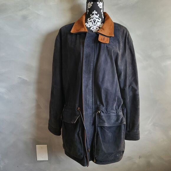 Vintage Leather Vera PELLE Barn Coat Jacket Italy Ash Black Brown Tan Size M - Picture 1 of 14